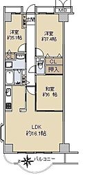 シャンテ川西1号棟 3LDKの間取図画像
