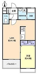 リアン緑が丘B 1LDKの間取図画像