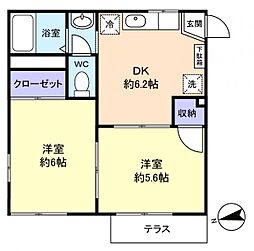 ヴィラセイワB棟 2DKの間取図画像
