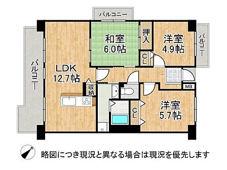 各居室収納付きの3LDKの間取りです