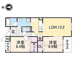 近鉄生駒線 南生駒駅 徒歩11分の賃貸マンション 1階2LDKの間取り