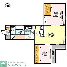 JR武蔵野線 越谷レイクタウン駅 徒歩15分の賃貸アパート 3階2LDKの間取り