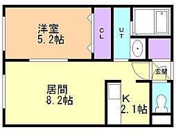 キューブ中の島2-3N 1LDKの間取図画像