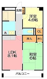 ブルースカイ平塚 1LDKの間取図画像
