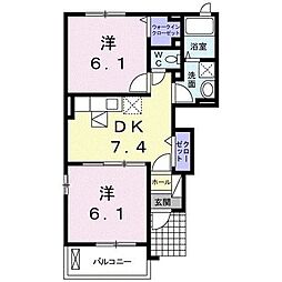 ヒ−リング山領 1階2DKの間取り