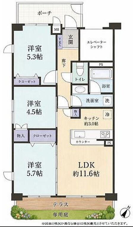 ◆南東向き角部屋×テラス・専用庭付きの3LDK◆2023年3月リノベーション履歴あり