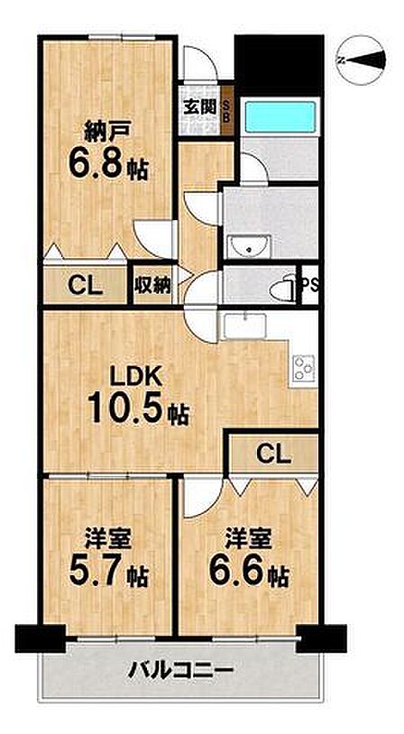 全居室が使いやすい2SLDK。約6.8帖の納戸は居室感覚で使え、各部屋収納付き。家族でも在宅ワークでも暮らしやすい間取りです。