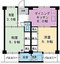 ビレッジハウス書写台2号棟 3DKの間取図画像