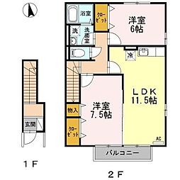 サニーコート朝生田D 2LDKの間取図画像