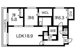 札幌市営東西線 西18丁目駅 徒歩15分の賃貸マンション 3階3LDKの間取り