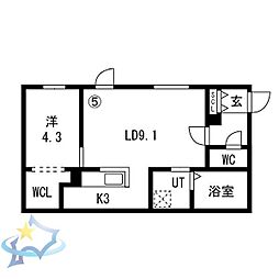 札幌市営東西線 発寒南駅 徒歩8分の賃貸マンション 2階1LDKの間取り