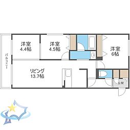 札幌市営東西線 西18丁目駅 徒歩15分の賃貸マンション 2階3LDKの間取り