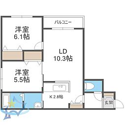 札幌市営東西線 西18丁目駅 徒歩10分の賃貸マンション 2階2LDKの間取り
