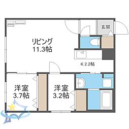 札幌市営東西線 二十四軒駅 徒歩5分の賃貸マンション 2階2LDKの間取り