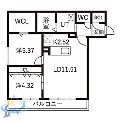 札幌市中央区南二十四条西7丁目マンション 2LDKの間取図画像
