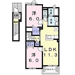 JR山陽本線 福山駅 バス46分 阿北下車 徒歩8分の賃貸アパート 2階2LDKの間取り