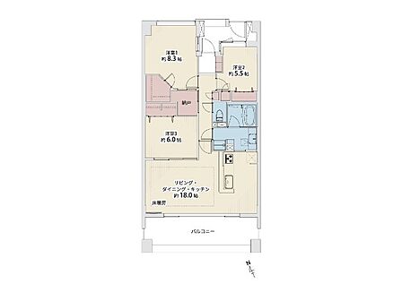 3LDK+納戸+W、専有面積85.43平米、バルコニー14.80平米、室内リノベーション実施