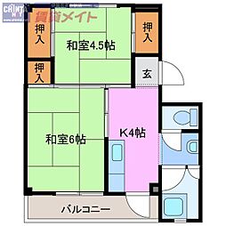 ビレッジハウス上野服部1号棟 2Kの間取図画像
