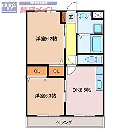 フラット立石C棟（伊賀市別府） 3階2DKの間取り