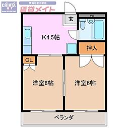 アーバンライフ柘植 2DKの間取図画像