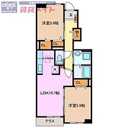 アニメート伊賀 1階2LDKの間取り