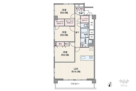 間取りは専有面積87.67平米の3LDK。バルコニー面積は10.05平米です。