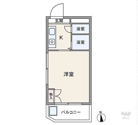 間取りは専有面積15.5平米の1R。バルコニー面積は3平米(概算)です。