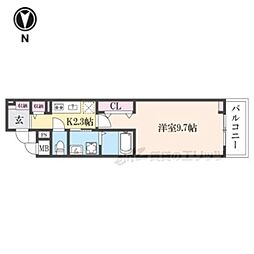 ヒカルサ奈良大森西サウス 2階1Kの間取り