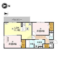 近鉄奈良線 新大宮駅 徒歩18分の賃貸アパート 1階2LDKの間取り