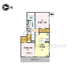 近鉄奈良線 新大宮駅 徒歩18分の賃貸アパート 2階2LDKの間取り