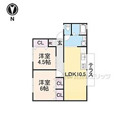 ボナール奥村 2階2LDKの間取り