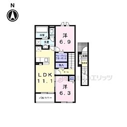 プリュニエ　キャトル 2階2LDKの間取り