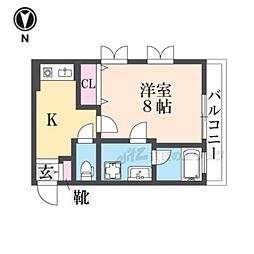 近鉄奈良線 新大宮駅 徒歩7分の賃貸マンション 2階1Kの間取り