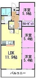 三向ハイツ元今泉 3LDKの間取図画像