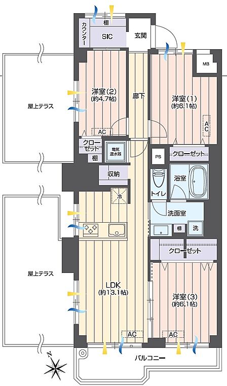 リフォームされた美しい室内から、そのままひと続きに広がる広々としたルーフバルコニー。遮るもののない圧倒的なスケール感が、住まいに極上のゆとりをもたらします。