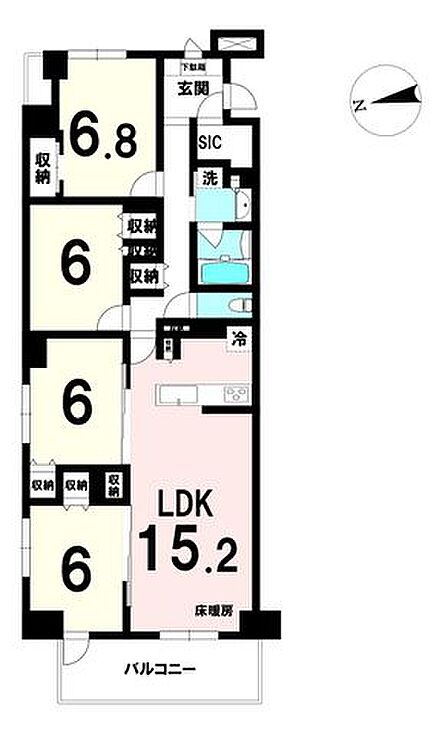 約15.2帖のLDKを中心に、6帖前後の洋室が4つ並ぶ使いやすい4LDK。SIC・WICを備え、玄関収納・衣類収納が充実。13階角部屋で全室採光、眺望・通風ともに良好な住戸配置です。