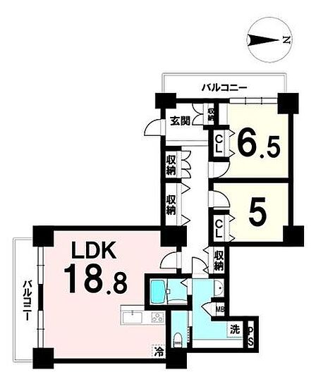 18.8帖のLDKを中心に、6.5帖・5帖の洋室を備えた使いやすい2LDK。南西向き2面バルコニーで明るい住空間。水回りはすべて2026年に交換済みで快適に暮らせます。