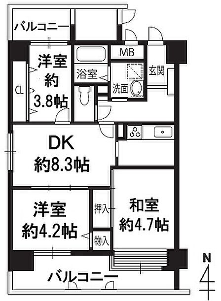 3DK、価格700万円、専有面積61.72平米、バルコニー面積13.31平米