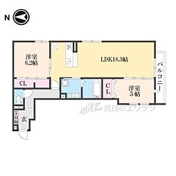 トリシア武庫川 3階2LDKの間取り