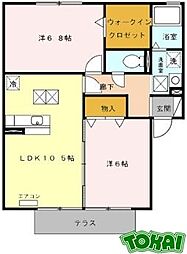 ビルヌーヴA棟 2階2LDKの間取り