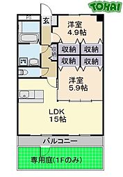 風の杜2号館 1階2LDKの間取り