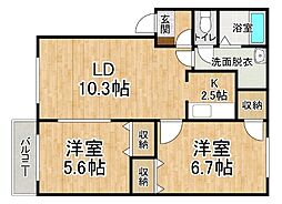 サンパティークII 2階2LDKの間取り
