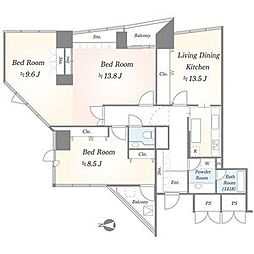 JR常磐線 品川駅 徒歩8分の賃貸マンション 18階3LDKの間取り
