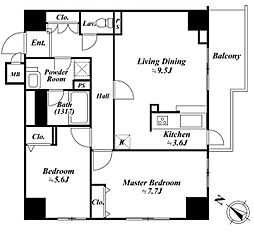 JR山手線 目黒駅 徒歩6分の賃貸マンション 15階2LDKの間取り