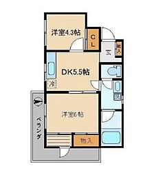 梅影ハイツ 2DKの間取図画像
