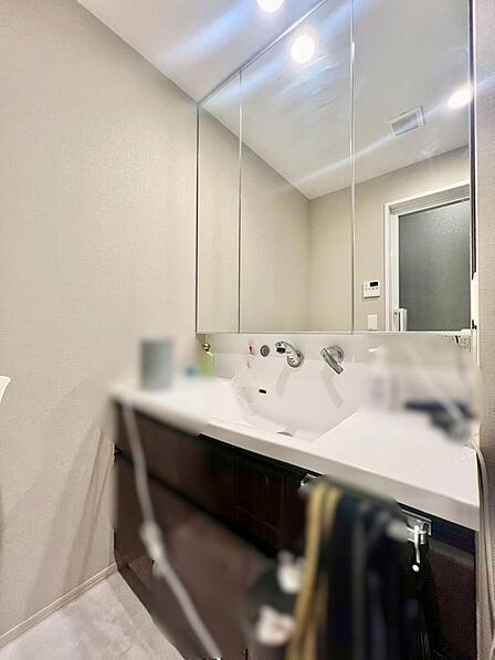 広々としたカウンター一体型の洗面ボウルを採用。二人並んでもゆとりのあるサイズで、忙しい朝の身支度もスムーズです。