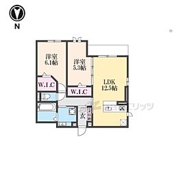 阪急神戸本線 武庫之荘駅 徒歩18分の賃貸アパート 1階2LDKの間取り