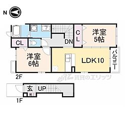 JR桜井線 長柄駅 徒歩14分の賃貸アパート 2階2LDKの間取り