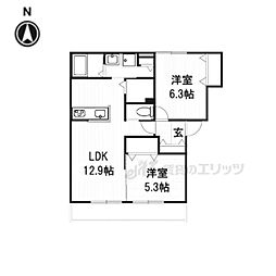 グランディール学園前 2階2LDKの間取り