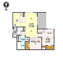 近鉄橿原線 田原本駅 徒歩14分の賃貸アパート 1階2LDKの間取り